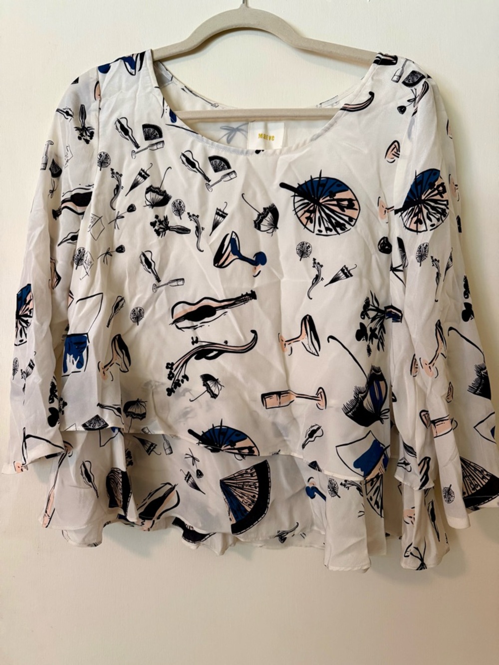 Maeve White Printed Ruffle Hem Blouse with Navy & Peach Motif
